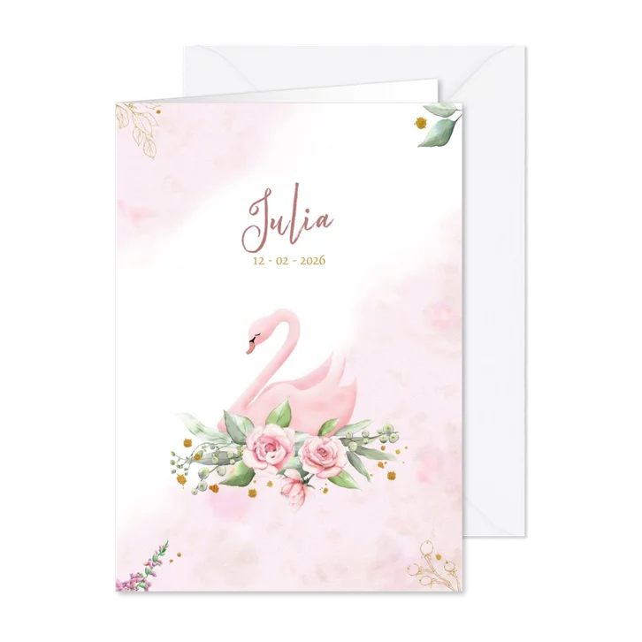 Mooie geboortekaart met zwaan en roosjes