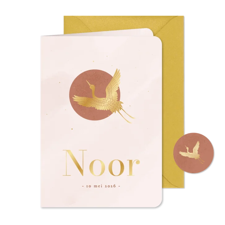 Mooie geboortekaartjes met goudfolie kraanvogel in roze