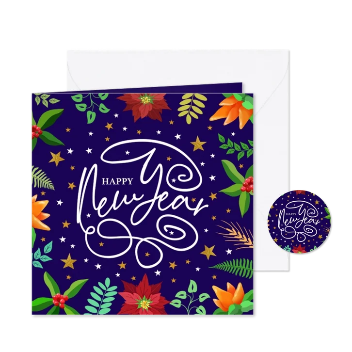 Mooie nieuwjaarskaart met krullen, sterren en kersttakje