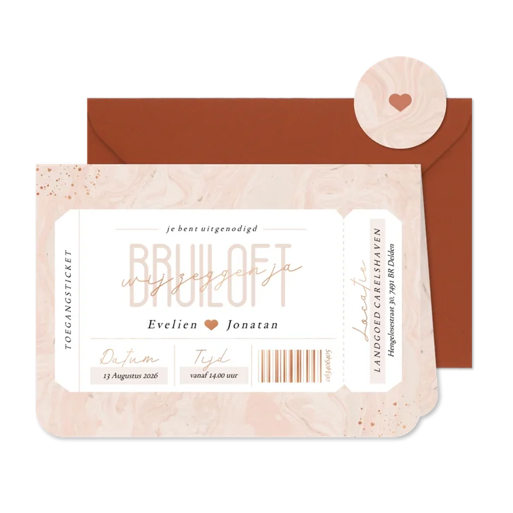 Mooie uitnodiging bruiloft ticket op roze marmer met koper