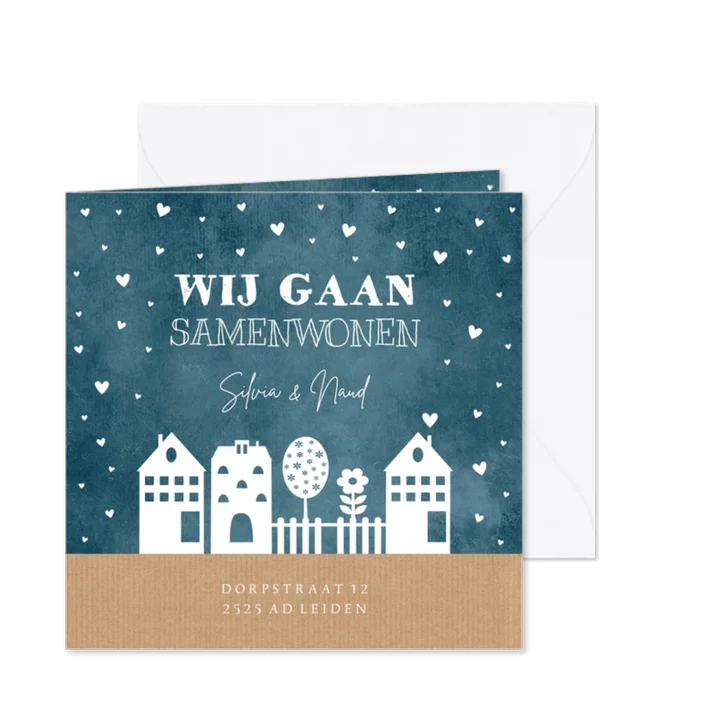 Mooie verhuiskaart samenwonen blauwe huisjes & hartjes