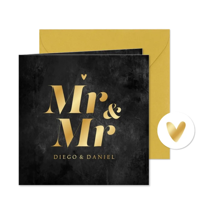 Mr and mr gay trouwkaart goud hartje krijtbord 