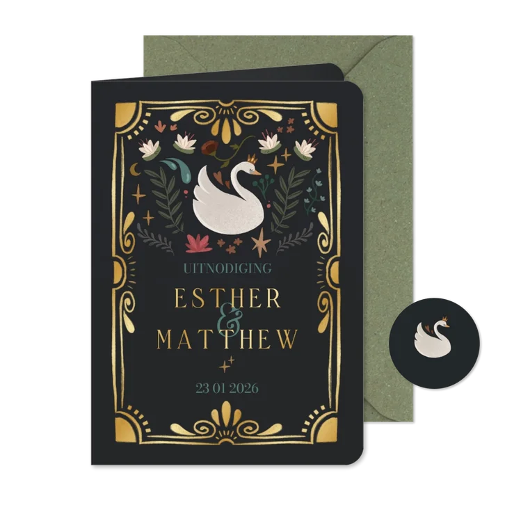 Mysterieuze sprookjes trouwkaart zwanen, lelies en kader