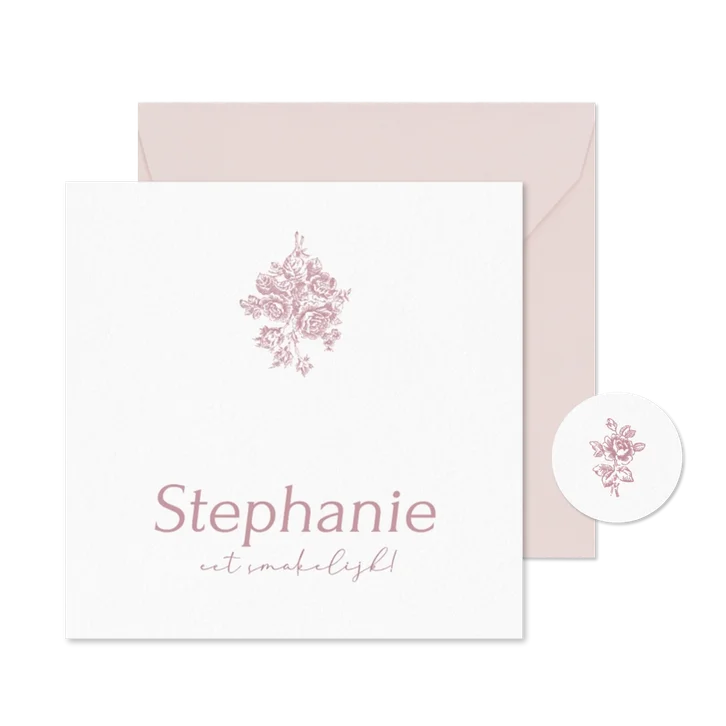 Naamkaartje met vintage roze boeket