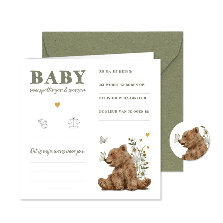 Natuurlijk babyshower invulkaartje met beertje en vlinders