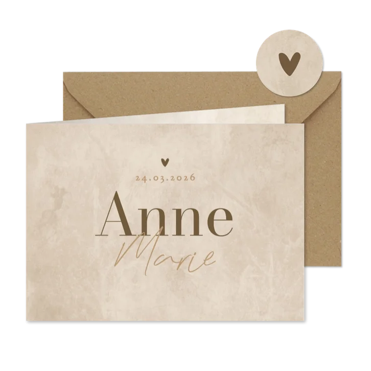 Natuurlijk geboortekaartje jongen meisje zandkleur hartje