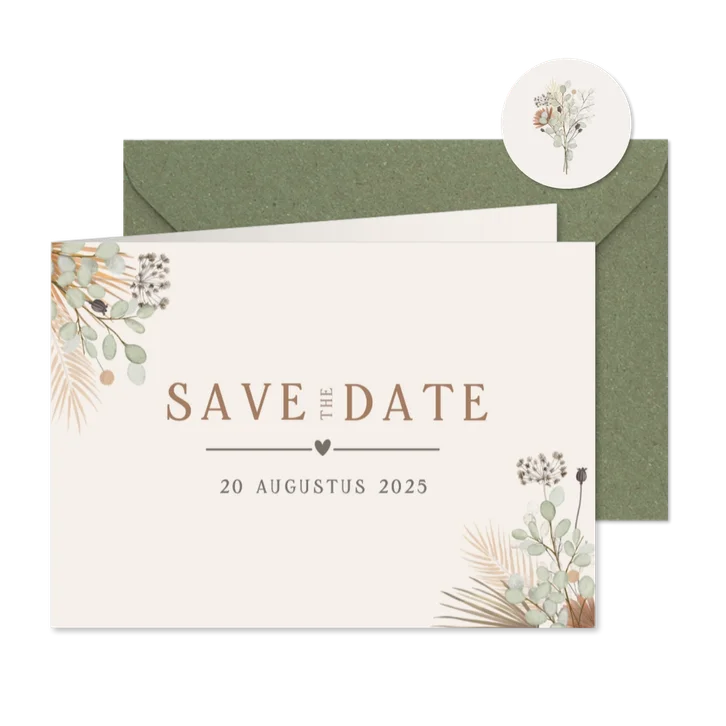 Natuurlijke Save the Date kaart met droogbloemen