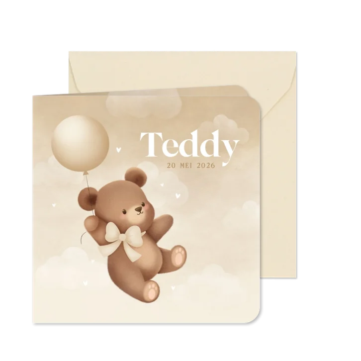Neutraal geboortekaartje lief beertje aan ballon met strik