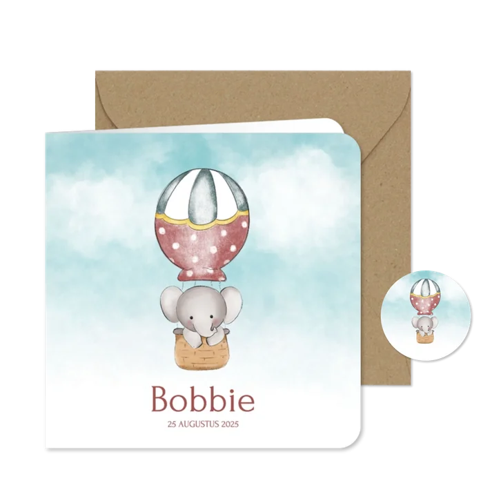 Neutraal geboortekaartje met lief olifantje in luchtballon