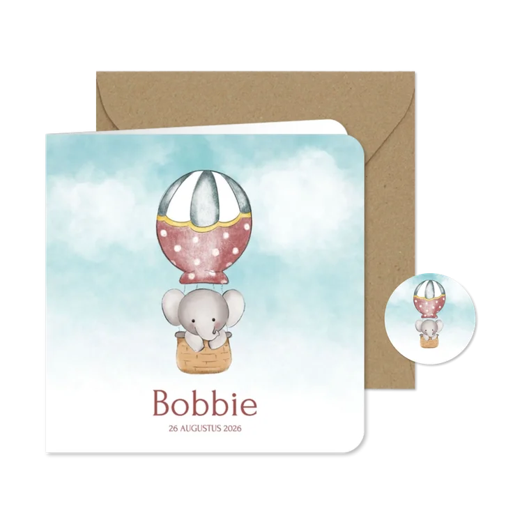 Neutraal geboortekaartje met lief olifantje in luchtballon