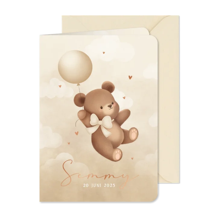 Neutraal geboortekaartje teddybeertje aan ballon met strik