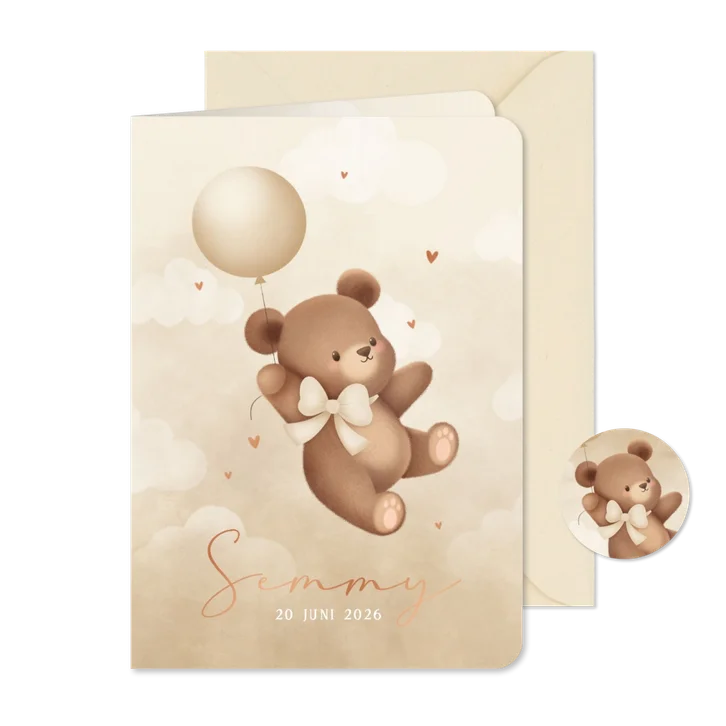 Neutraal geboortekaartje teddybeertje aan ballon met strik