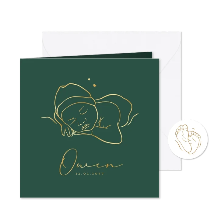 Newborn baby geboortekaartje jongen lijntekening goud