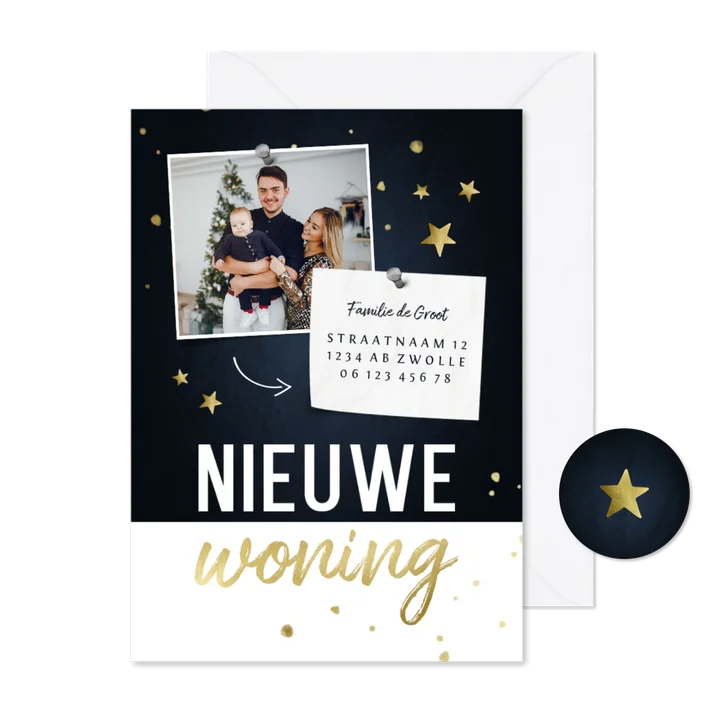Nieuwe woning kerstkaart met foto en sterren