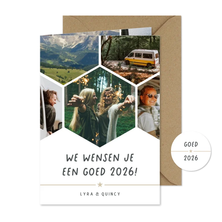 Nieuwjaar fotocollage hexagon kaart met 5 foto's