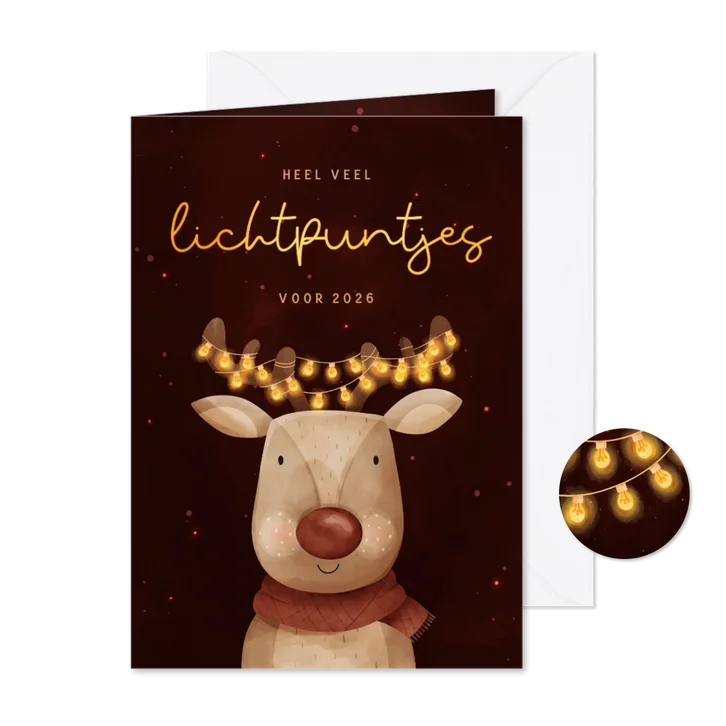Nieuwjaarksaart hert met kerstlampjes lichtpuntjes voor jou