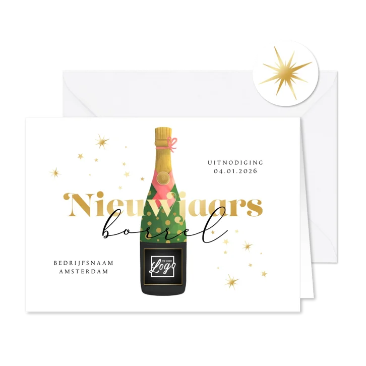 Nieuwjaarsborrel uitnodiging champagne sterren goud oliebol