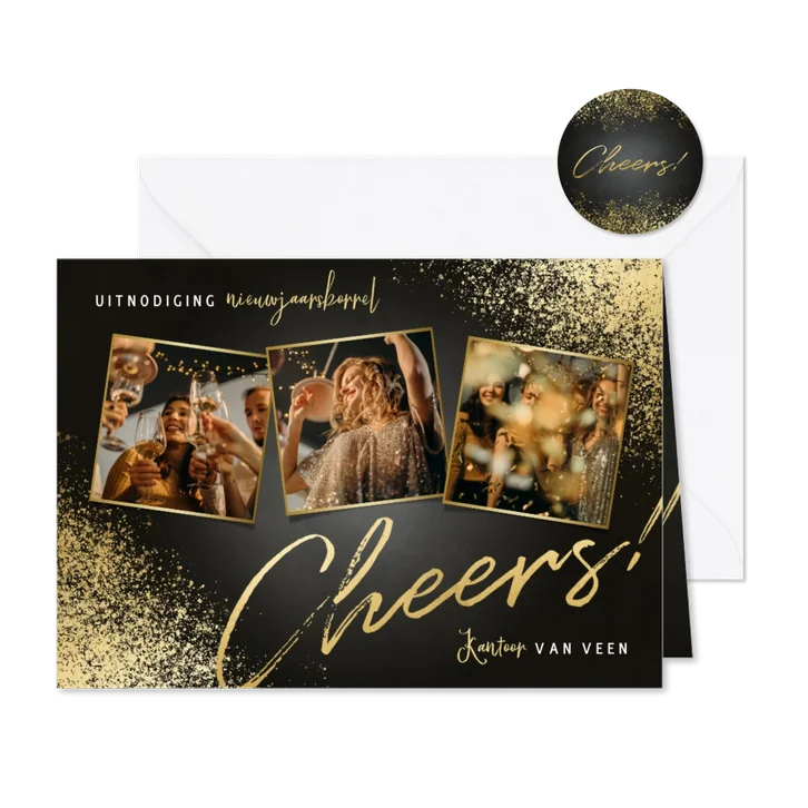 Nieuwjaarsborrel uitnodiging fotocollage, cheers en spetters