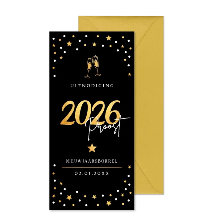 Nieuwjaarsborrel uitnodiging zwart sterren goudlook 2026