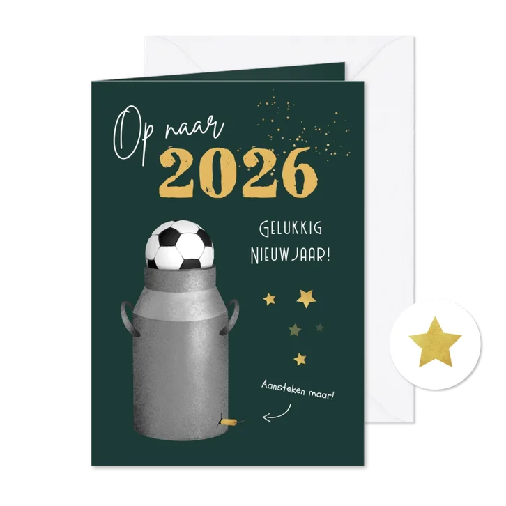 Nieuwjaarskaart 2026 carbid schieten vuurwerk sterren goud