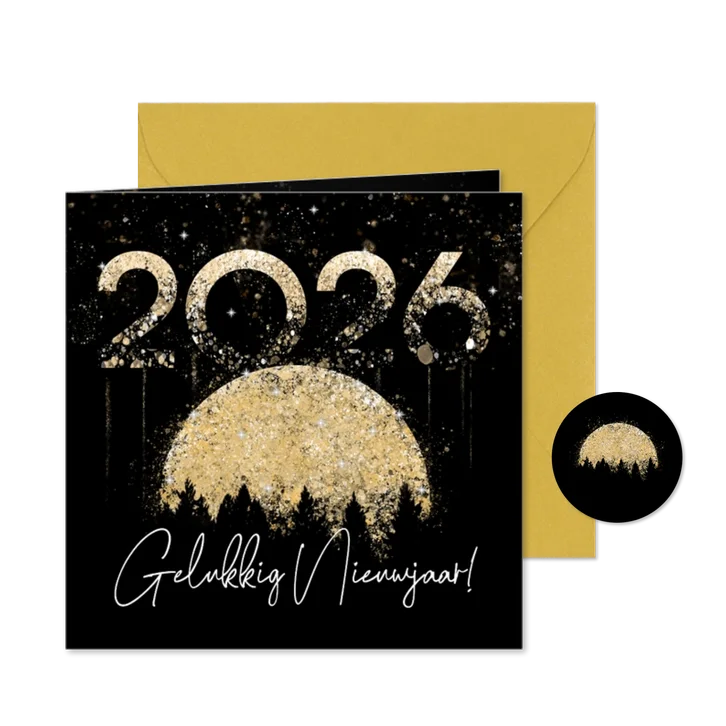 Nieuwjaarskaart 2026 goud maan en bos