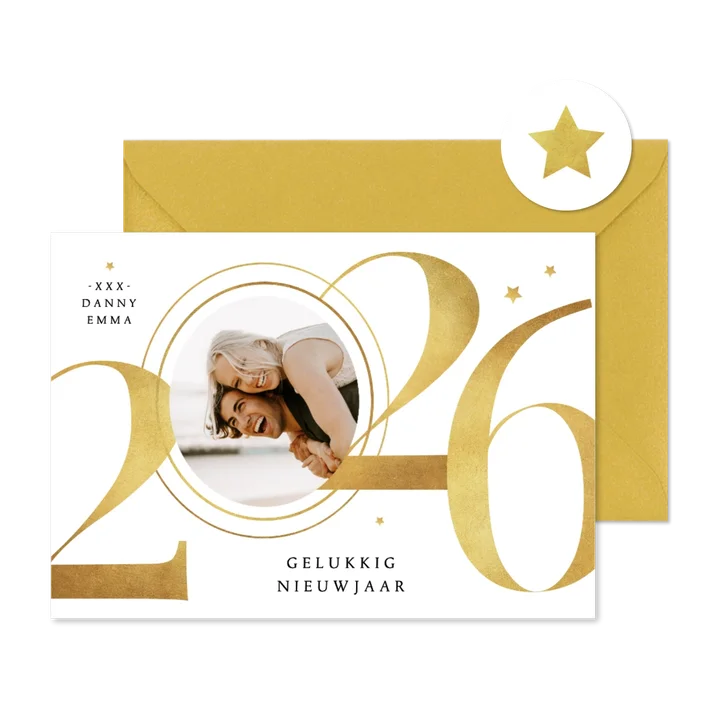 Nieuwjaarskaart 2026 goud sterren stijlvol grafisch foto