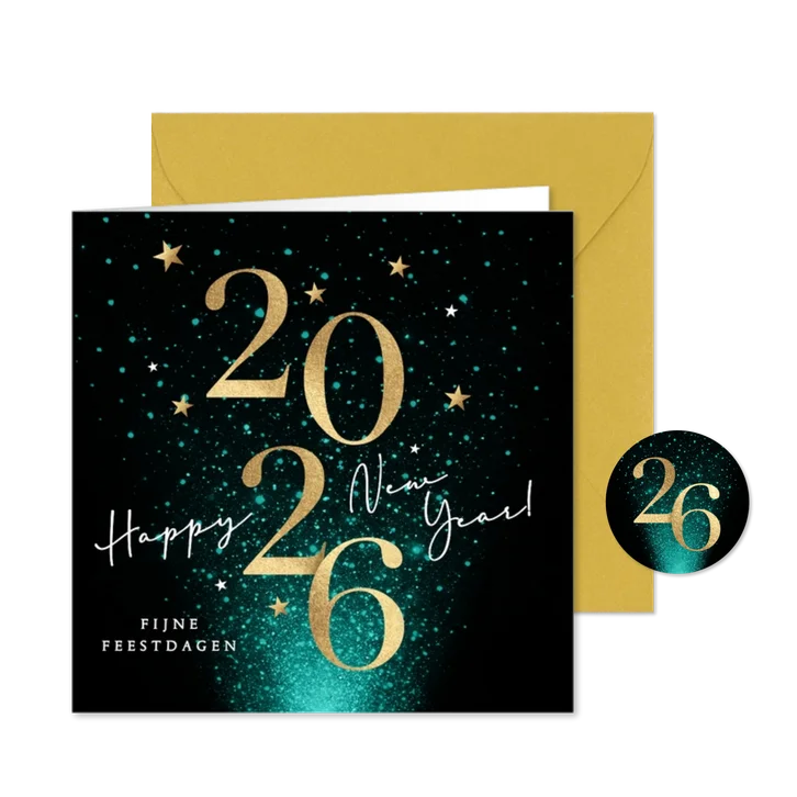 Nieuwjaarskaart 2026 in goud en vuurwerk