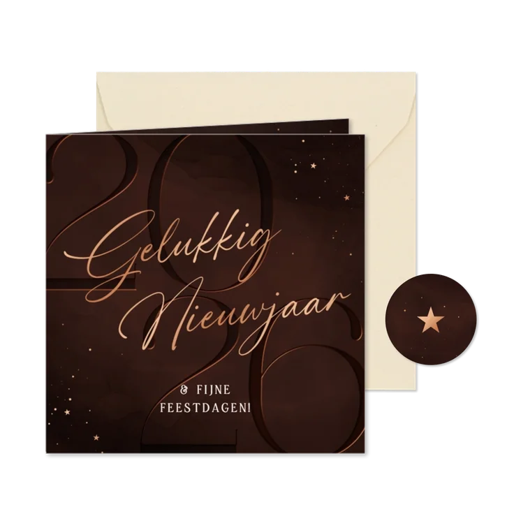 Nieuwjaarskaart 2026 koper donkerrood fijne kerstdagen