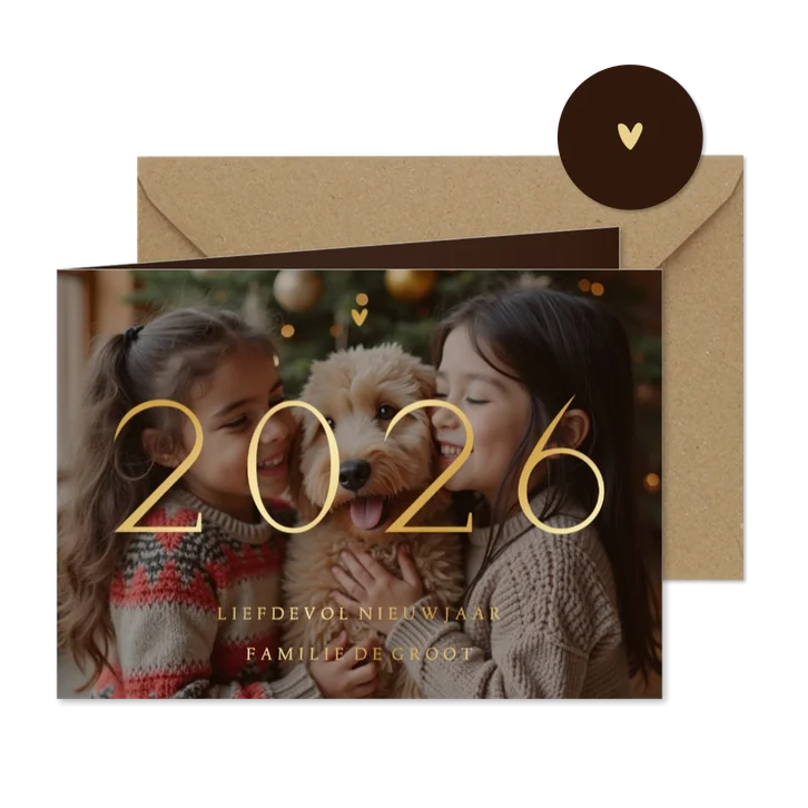 Nieuwjaarskaart 2026 transparante foto met goudfolie