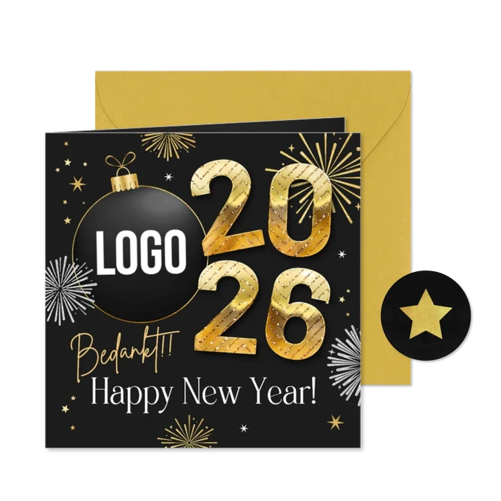 Nieuwjaarskaart 2026 vuurwerk bedankt kerstbal sterren goud