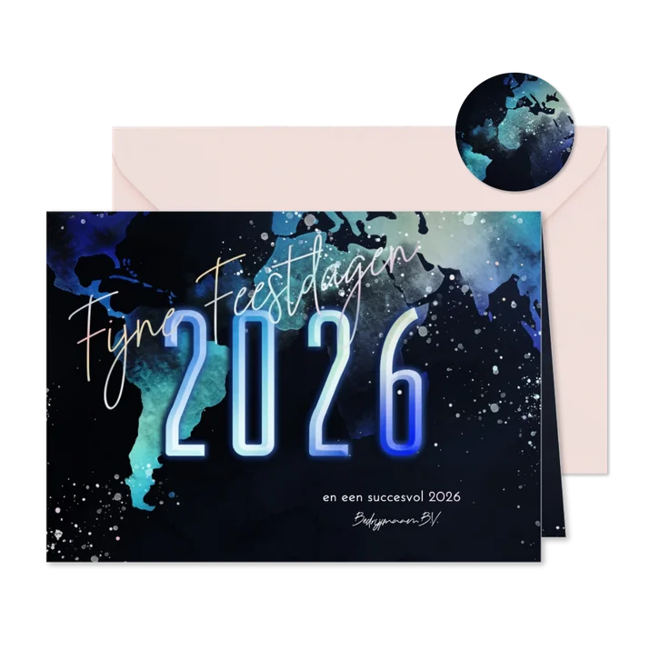 Nieuwjaarskaart 2026 wereldkaart in neonkleuren