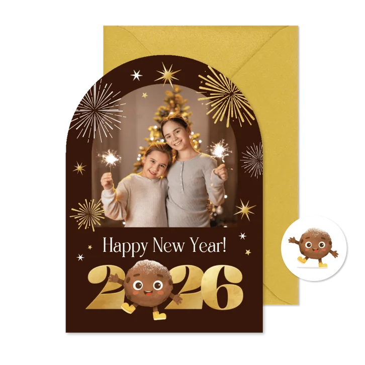 Nieuwjaarskaart boogkaart vuurwerk 2026 foto oliebol