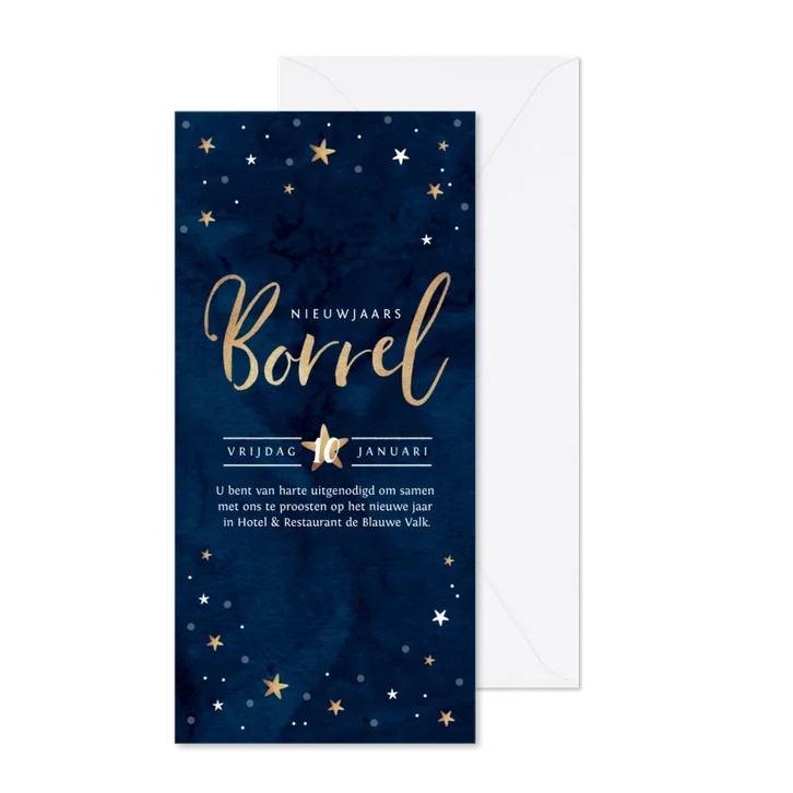 Nieuwjaarskaart borrel goudlook blauw met sterren