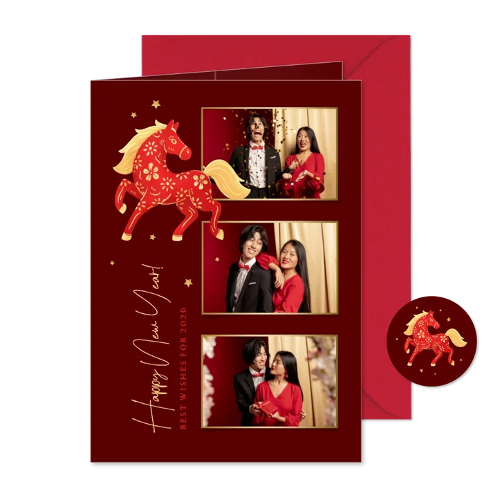 Nieuwjaarskaart Chinees fotocollage sterren paard