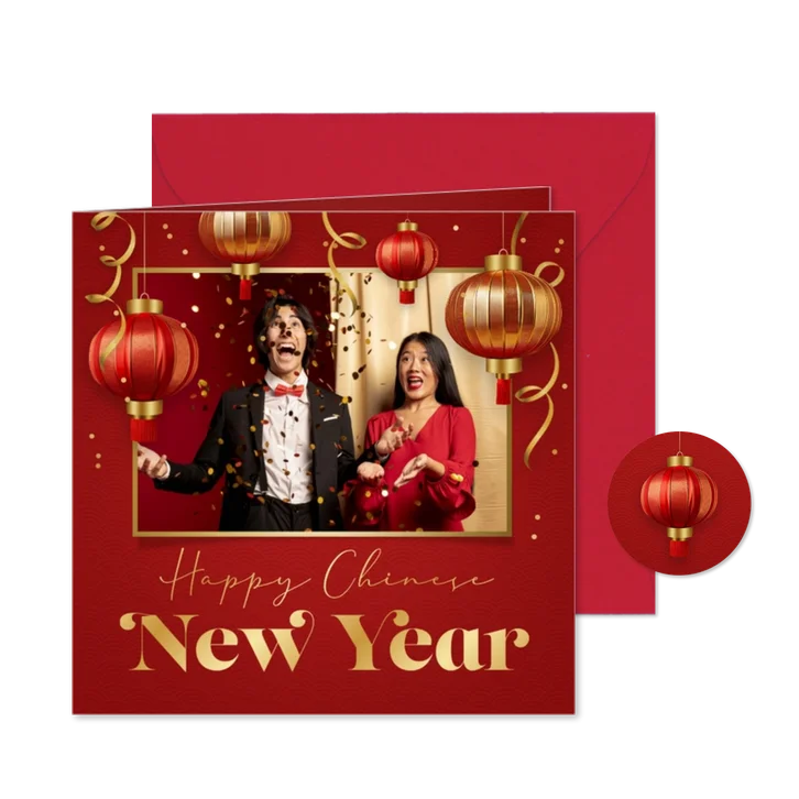 Nieuwjaarskaart Chinees nieuwjaar foto lampionnen slingers