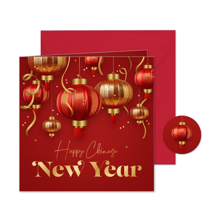 Nieuwjaarskaart Chinees nieuwjaar lampionnen goud slingers