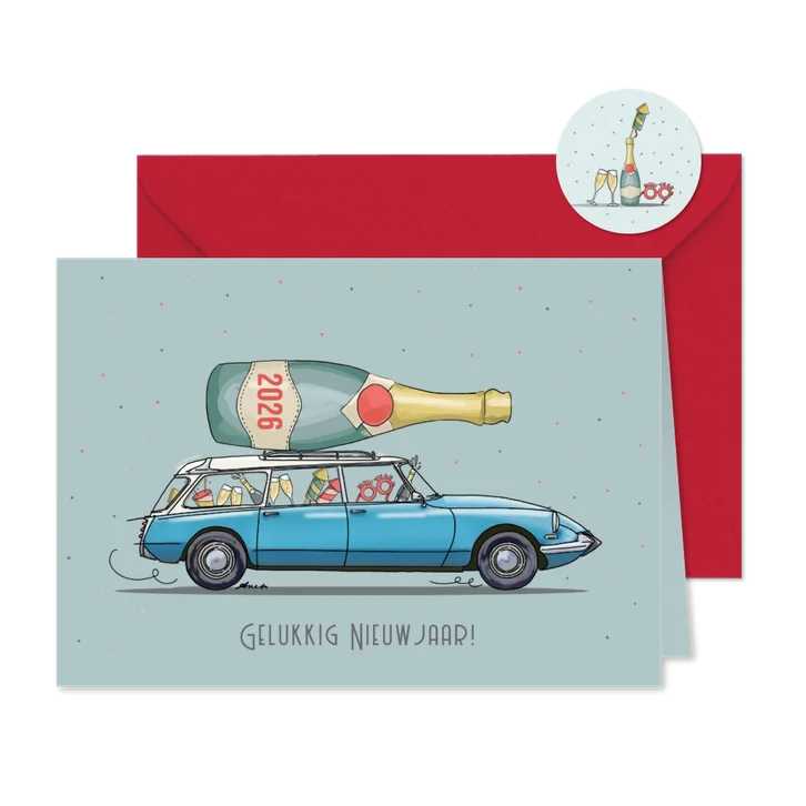 Nieuwjaarskaart Citroën DS break met champagne fles