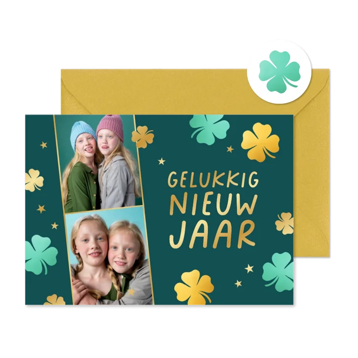 Nieuwjaarskaart eigen foto's klavertjes vier goud