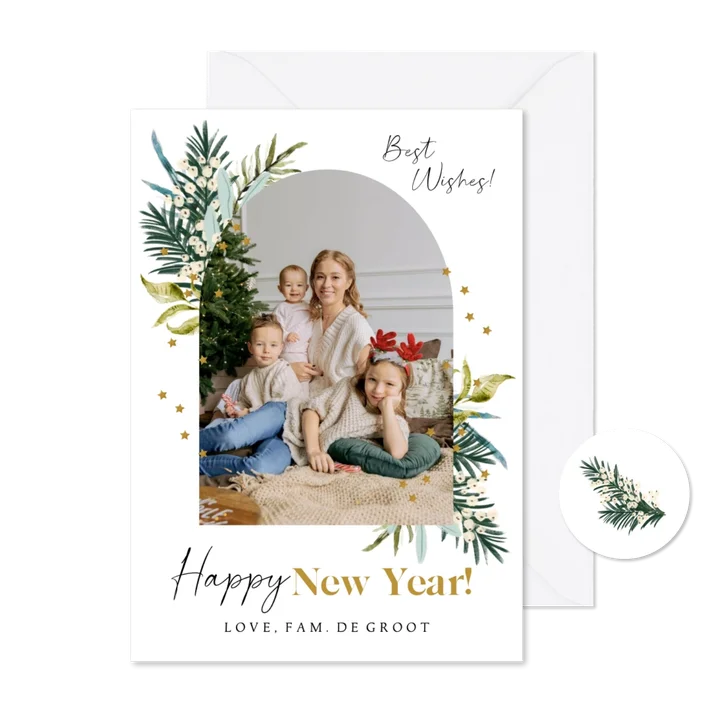 Nieuwjaarskaart foto botanische bladeren gouden sterren