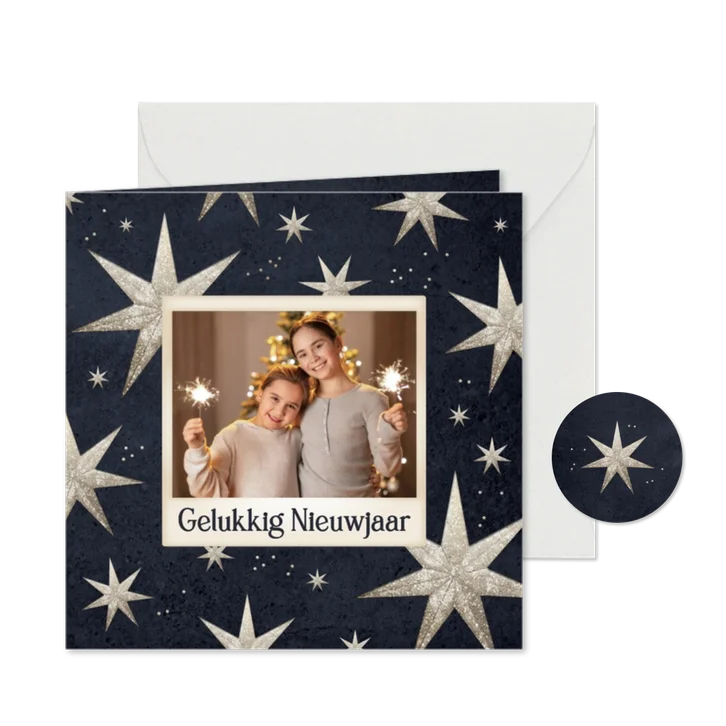 Nieuwjaarskaart foto glitter sterren gelukkig nieuwjaar