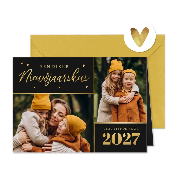 Nieuwjaarskaart foto goud 2027 liefde nieuwjaarskus
