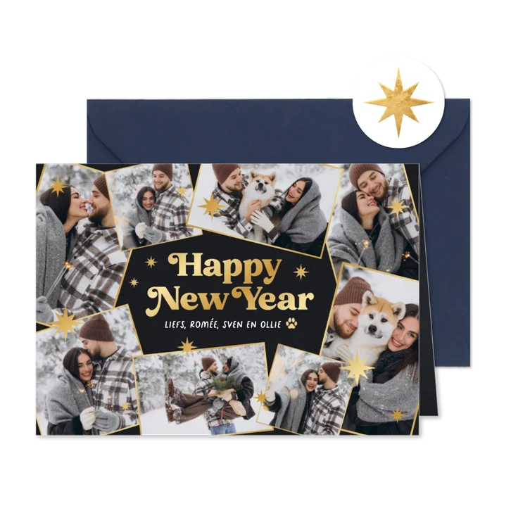 Nieuwjaarskaart fotocollage fijne feestdagen gouden sterren 