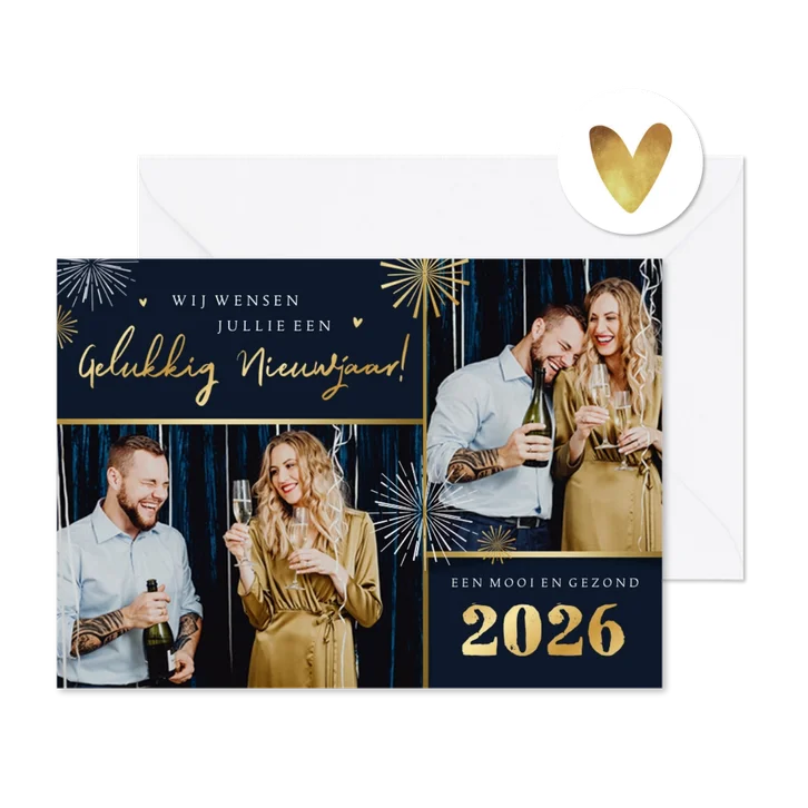 Nieuwjaarskaart fotocollage goud vuurwerk liefde