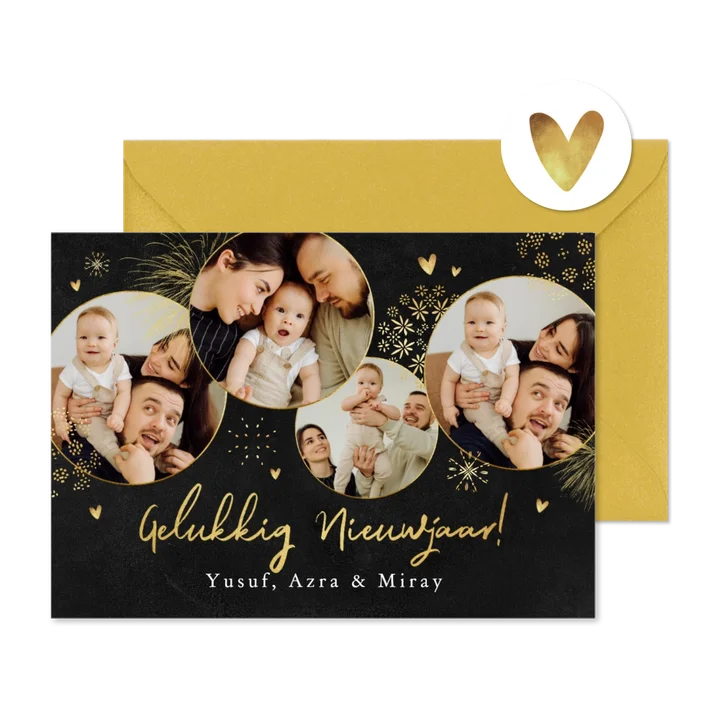 Nieuwjaarskaart fotocollage vuurwerk goud hartjes goud