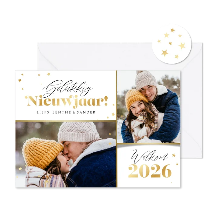 Nieuwjaarskaart gelukkig nieuwjaar goud sterren foto 2026