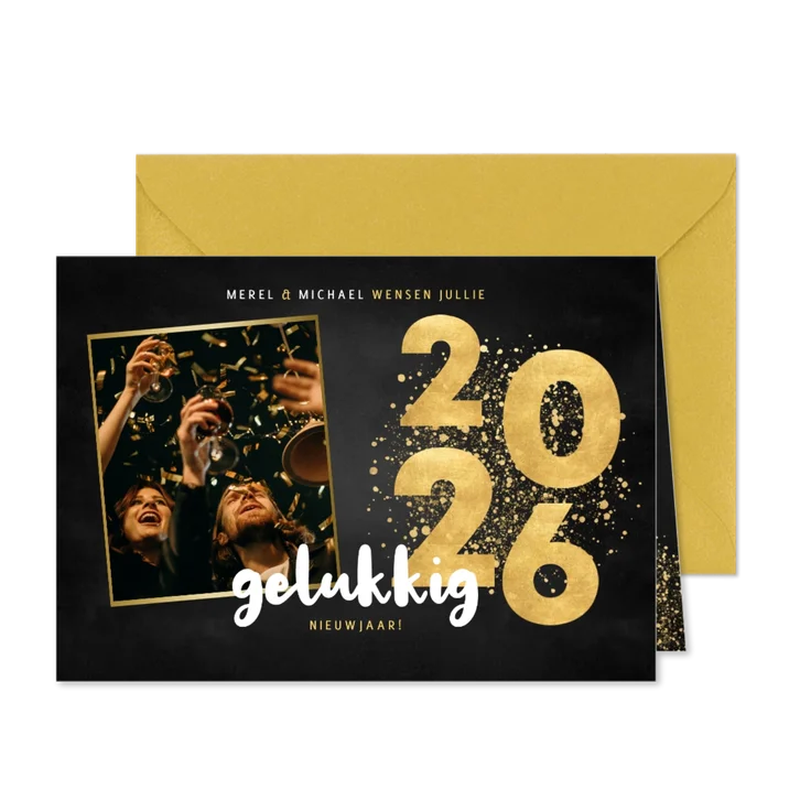 Nieuwjaarskaart gouden 2026, grote foto gelukkig nieuwjaar