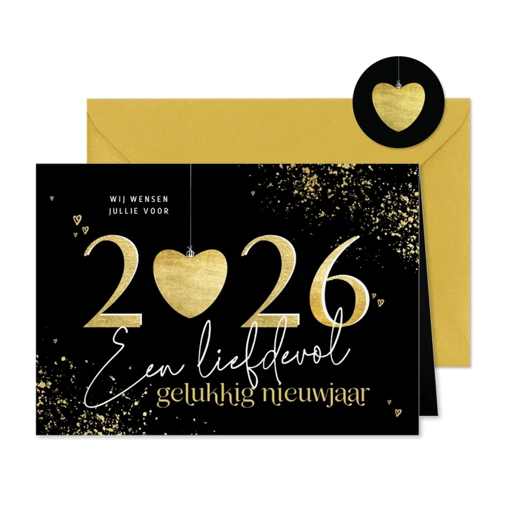 Nieuwjaarskaart gouden 2026 met hart liefdevol nieuwjaar