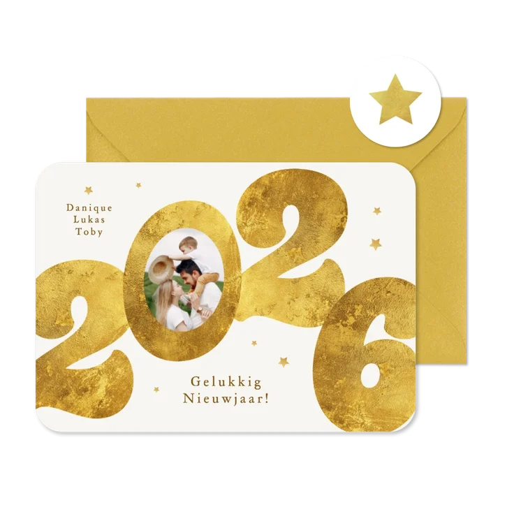 Nieuwjaarskaart gouden 2026 sterren stijlvol modern foto