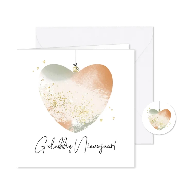 Nieuwjaarskaart gouden hartjes kerstbal gelukkig nieuwjaar