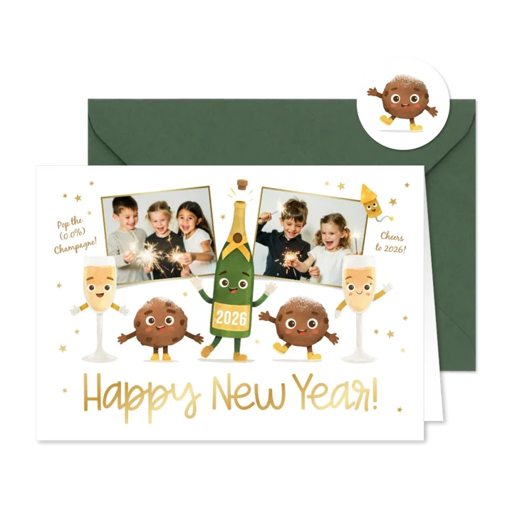 Nieuwjaarskaart grappig illustratie foto oliebol champagne